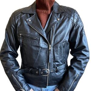Harley Davidson Womens Black 100% Leather Biker Moto Zip Jacket Sz M